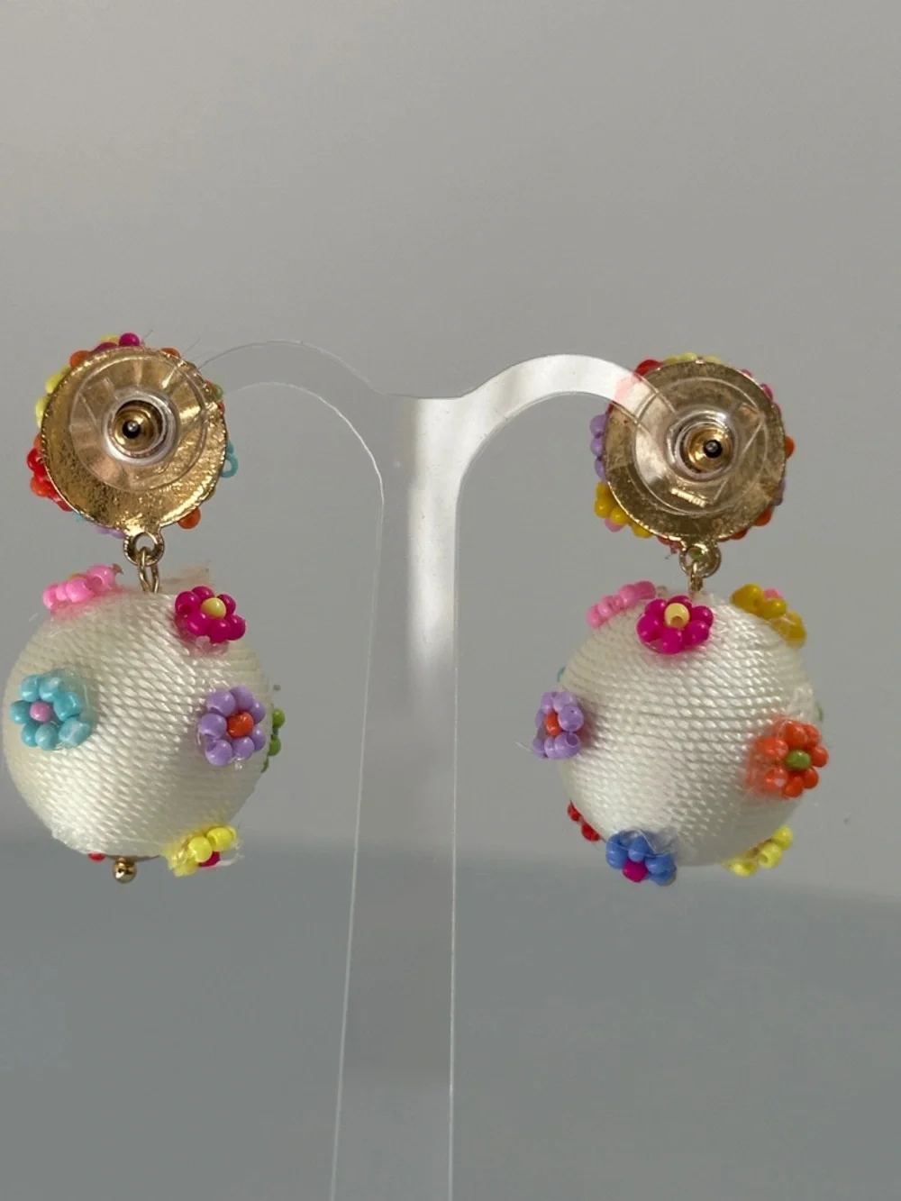 Colorful White Beaded Floral Drop Earrings